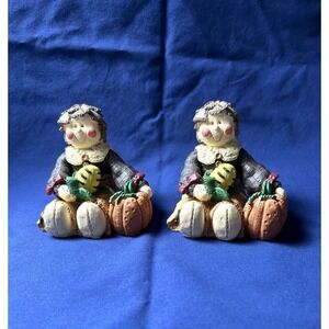 Vintage Ceramic Figurines Of Girl W/Pumpkins Set Of 2 Hand-Painted Collectibles